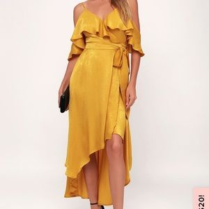 Layla mustard satin off the shoulder wrap dress